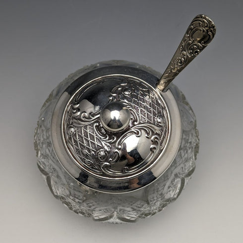British antique cut glass jam pot silver plate lid & spoon